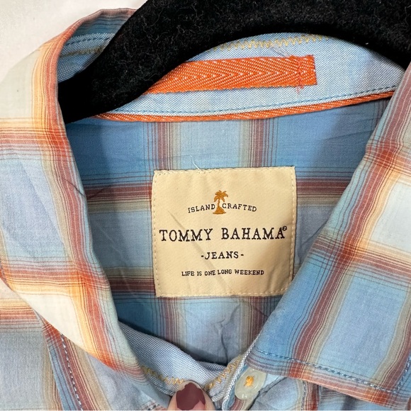 Tommy Bahama Jeans Plaid Shirt Large Blue Orange Cotton Button Down Resort - Picture 16 of 16